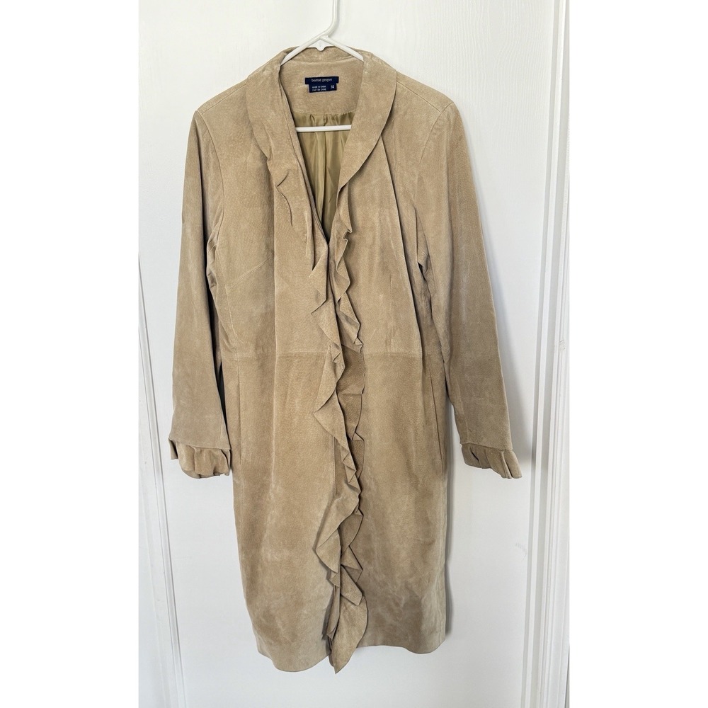Vintage Boston Proper Y2K Genuine Suede Leather Ruffle Coat Tan Size 14